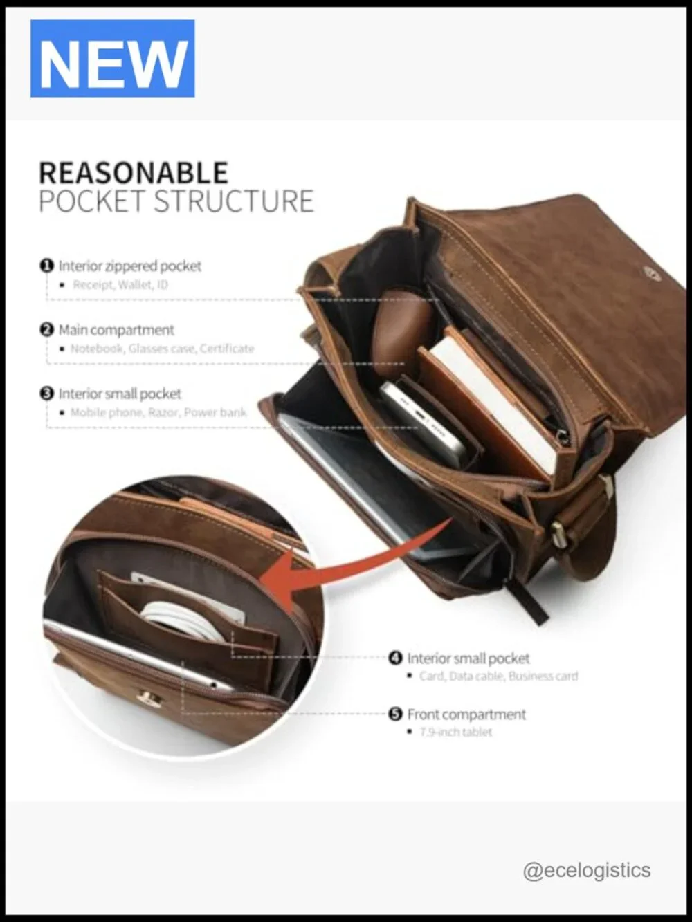 Leather Messenger Crossbody Bag for Men Adjustable Strap YKK Zipper